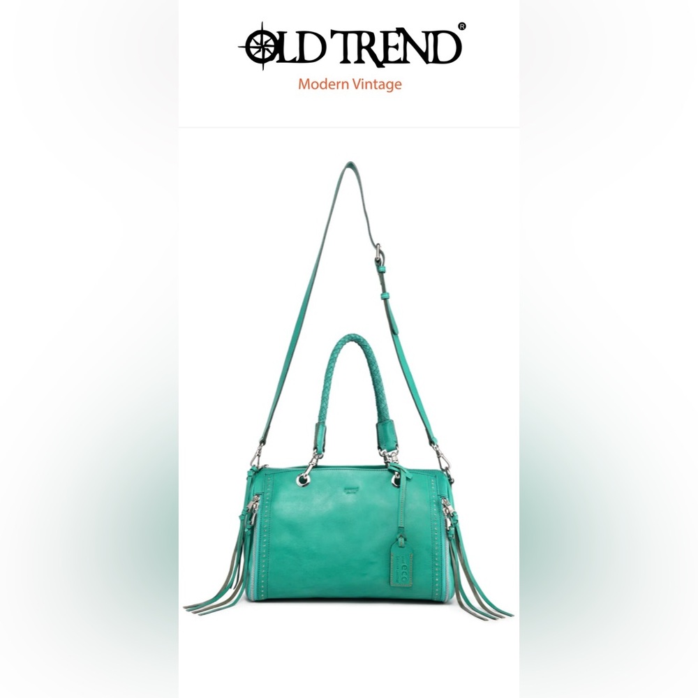 OLD TREND Large Leather Satchel or Shoulder Bag; Fringe; Studs & Zippers; NWT